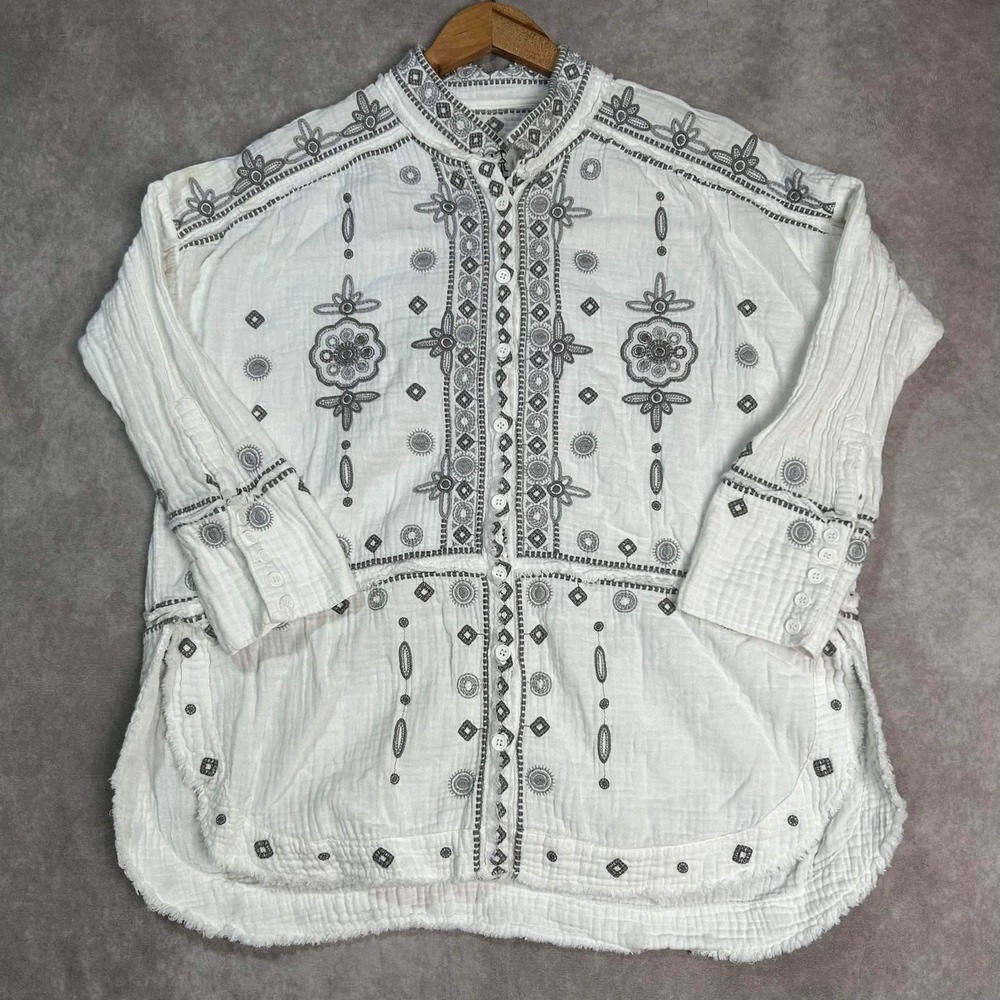 Pete & Greta Johnny Was White Cotton Gauze Embroidered Blouse P14221-1 MED Boho